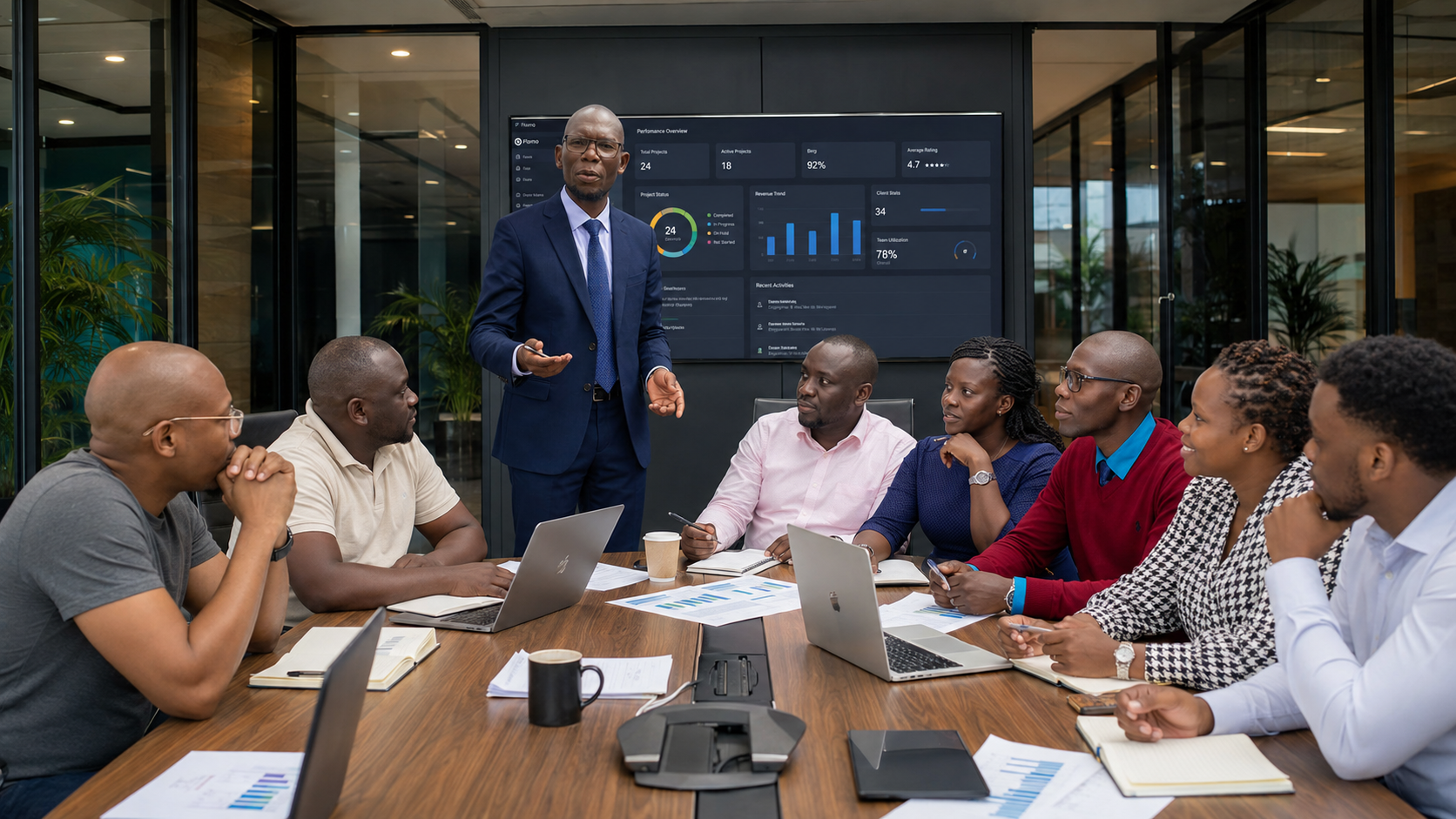 Flomo Services professionals in a strategy and presentation meeting